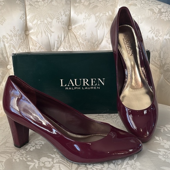Lauren Ralph Lauren Genuine Patent Leather Burgundy Pumps Rounded Toe Heels Fall - Picture 1 of 14